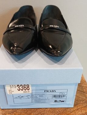 Prada Black Leather Pointed Loafers with Logo Strap. Original Box & 2 Dust Bags